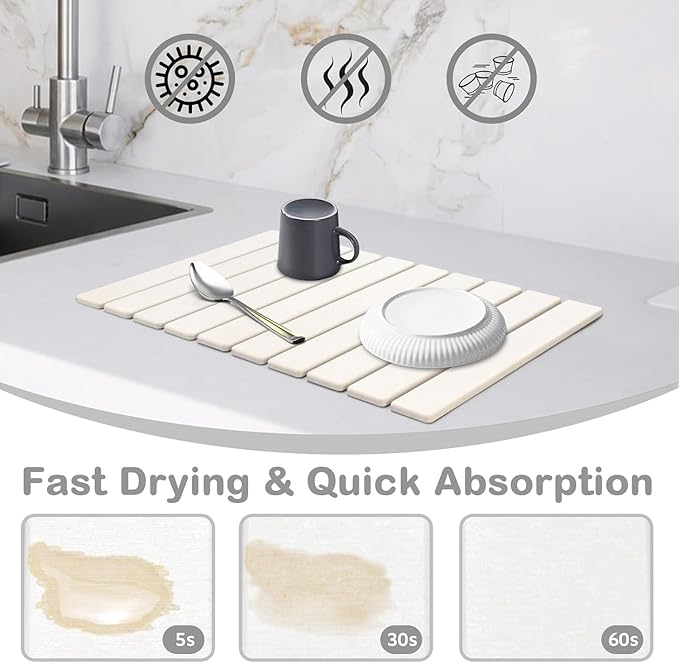 Large Stone Dish Drying Mats for Kitchen Counter, 24"(L)×16"(W) White, Drying Collapsible Dish Drying Mat, Eco-Friendly Absorbent Diatomaceous Earth Mats for Dishes Bottles Cups