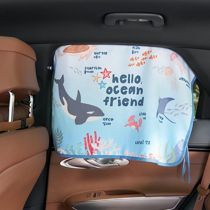 BEBEDECO Magnetic Car Sun Shade Curtain for Side Window – Sun Blocker and UV Protector for Baby, Kids, and Pets – Universal Fit with Built-in Magnets for Steel-Framed Door (Magnet-New Ocean Friends)