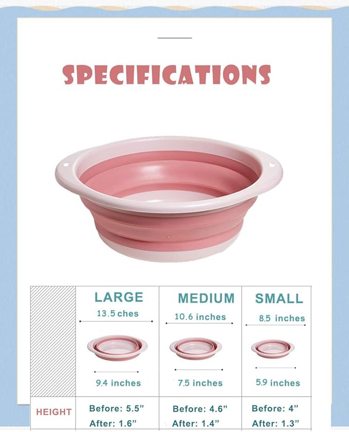 ORIZZP 3-Pack Collapsible Wash Basin Set, Baby Kids Wash Basin Dish Tub for Travel Home, 3 Different Sizes Set Space Saving Pink Big Volume