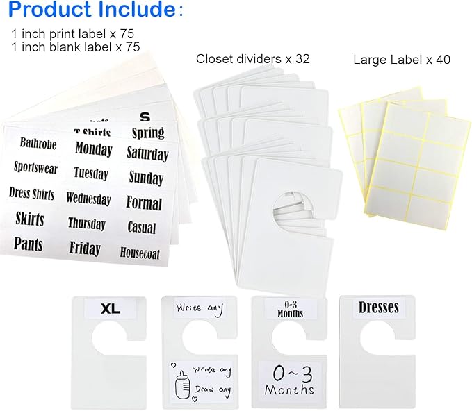 TraGoods 16 Pack White Clothing Rack Size Dividers Plus 60 Labels (1 Inch) and 16 Large Blank Labels, Large Rectangular Clothing Closet Dividers (Pearl White)