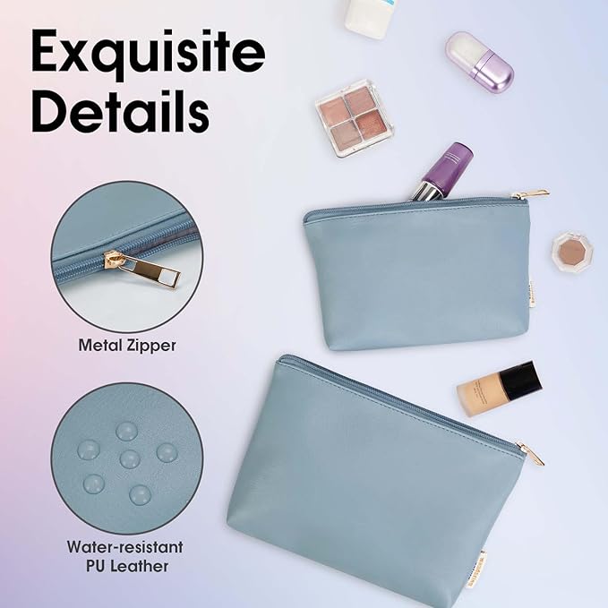 Wandering Nature Makeup Bag Small Cosmetic Bag for Purse 2 Pack Small Make Up Pouch Vegan Leather Cute Travel Pouch with Zipper for Women, Blue