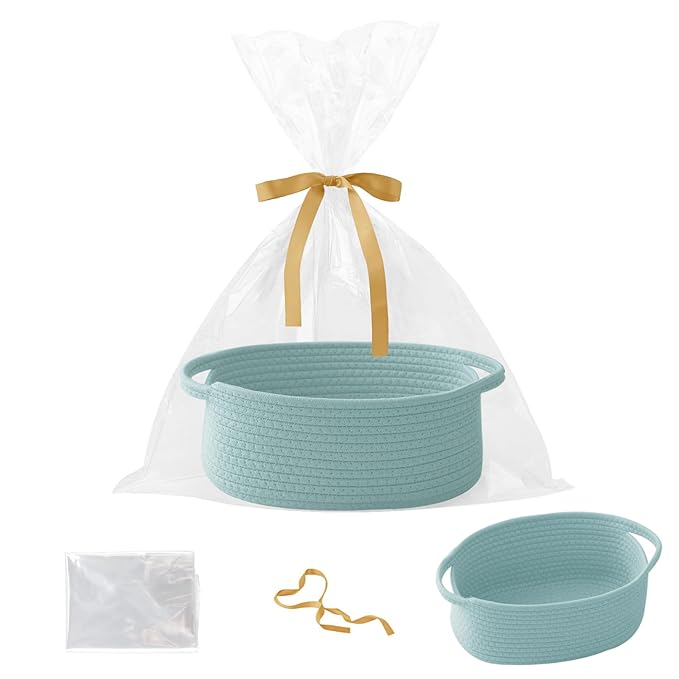 Small Woven Rope Basket-Empty Gifts Basket with Bag and Ribbons,Cute Handle Organizer Box for Birthday/Baby Shower, Toy Storage, Nursery Organizing & Shelf Decor(Aqua)