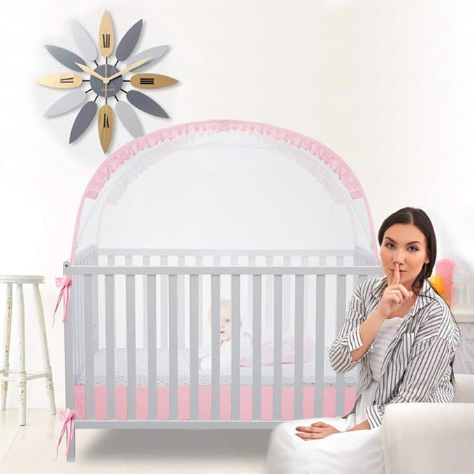 L RUNNZER Baby Pop Up Tent Cover Crib, Pink Crib Tent to Keep Baby in,See Through Crib and Nursery Soft Mesh Cover(55.2" L x 27.6" W x 51.6" H)