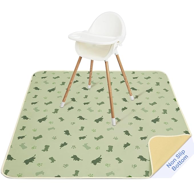Basumee Splat Mat High Chair Mat Waterproof Baby Play Splat Mat for Under High Chair Food Catcher Highchair Mat for Floor Non Slip Bottom, Light Green Dinosaur, 51x51 Inches
