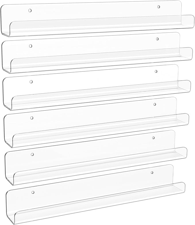 upsimples 6 Pack Clear Acrylic Shelves, 1.7" x12" Nursery Bookshelves, Small Floating Bookshelf for Kids Baby, Vinyl Wall Mount, Record Holder, Magazine Rack, Comic Display, Picture Ledge Shelf Décor