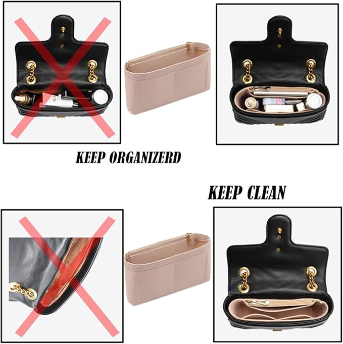 LEXSION Felt Insert Purse Organizer with Zipper,Mini Handbag Tote Shaper Insert for GG Marmont Matelasse Shoulder Bag(Pack of 2)- Buy 1 Get 1 Bag Free X-Small 8030 Beige