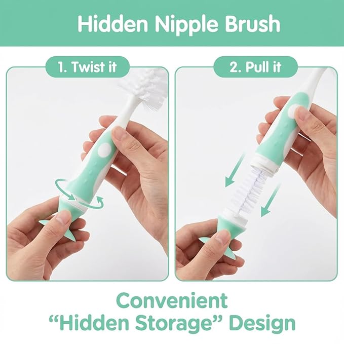 Ariseno 5-in-1 Baby Bottle Brush Set, Bottle Brush for Baby, Bottle Cleaner Brush Set, Including Nylon and Silicone Bottle Brush, Bottle Cap Brush, Straw Brush, Nipple Brush, BPA-Free (Green)