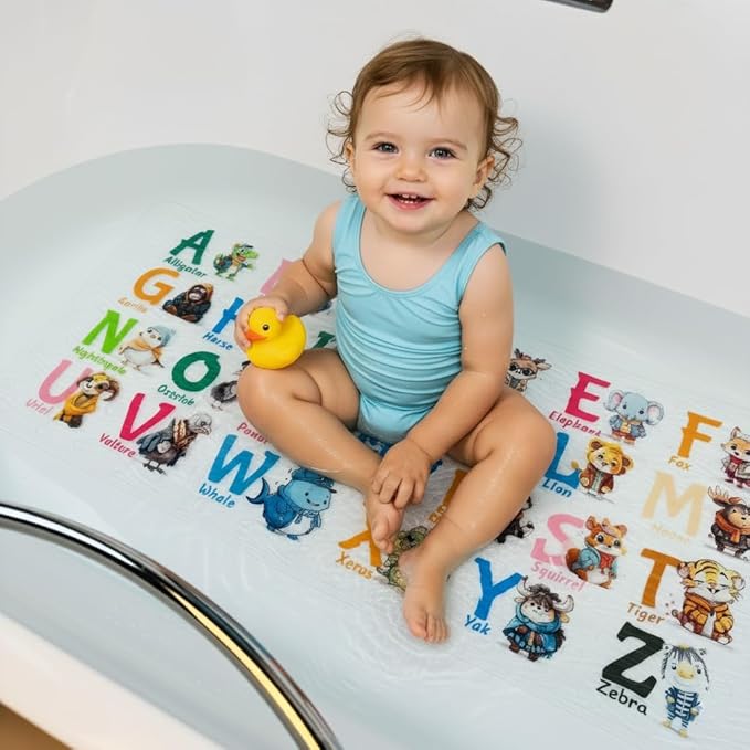 ShineCozy Cartoon Kids Bath Mat - Non Slip Bathtub Mat 35x16 Inch XL Large Size Tub Mats Anti Slip Shower Mats for Bathroom Floor (Ships) (Animals)