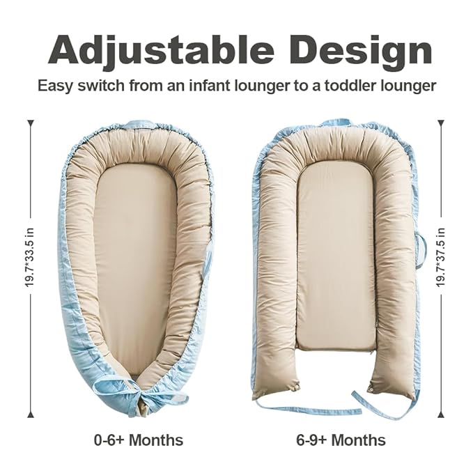 Baby Lounger, Baby Nest Cover for Baby, Reversible & Breathable Cotton, Adjustable Baby Floor Seat for Tummy Time, Portable Infant Lounger, Essentials for Newborns (Blue)