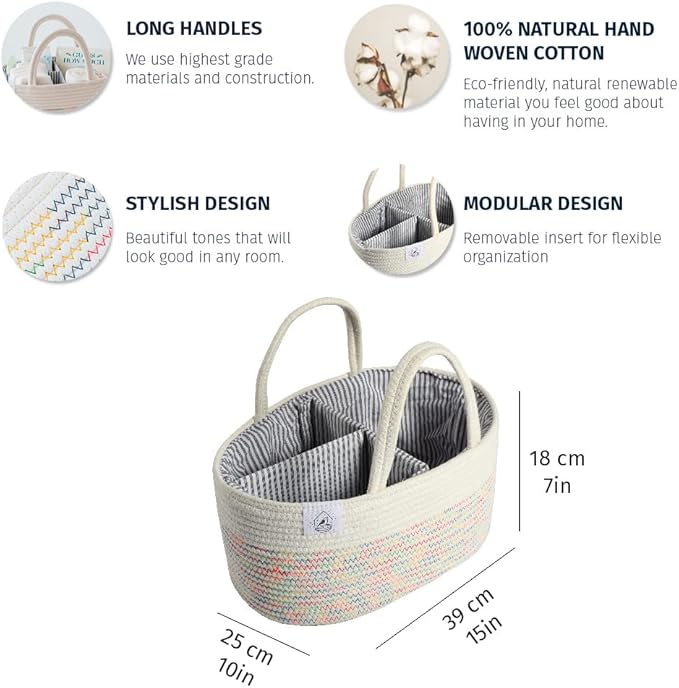 OrganiHaus Nursery Storage Basket, Cotton Rope Toy & Diaper Caddy Organizer with Handles, Baby Diaper Organizer, Foldable Design, Machine Washable, Ideal for Baby Room & Laundry - Stitches Rainbow