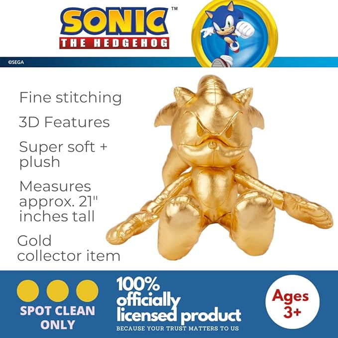 Sonic The Hedgehog Anime 24K Gold Kids Bedding Super Soft Plush Cuddle Pillow Buddy, One Size, (Officially Licensed Product)