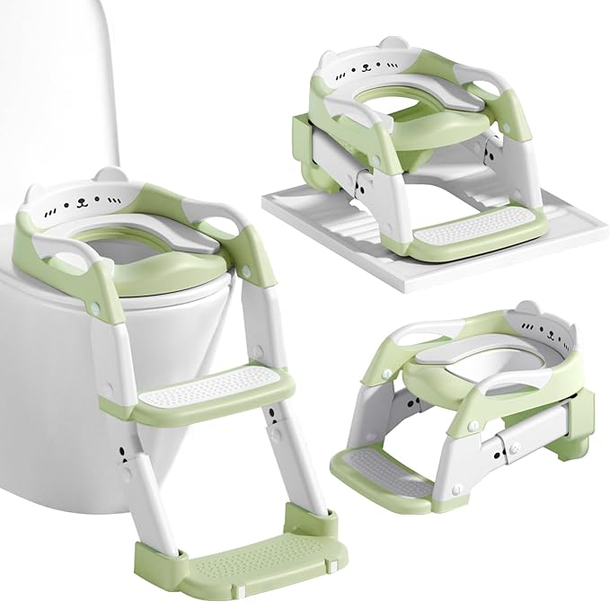 3-in-1 Baby Potty Training Seat with 2 Step Ladder, Splash Guard Anti-Slip Pad, Height Adjustable Toddler Toilet Seat with Soft Cushion for Kids Boys Girls(Green)