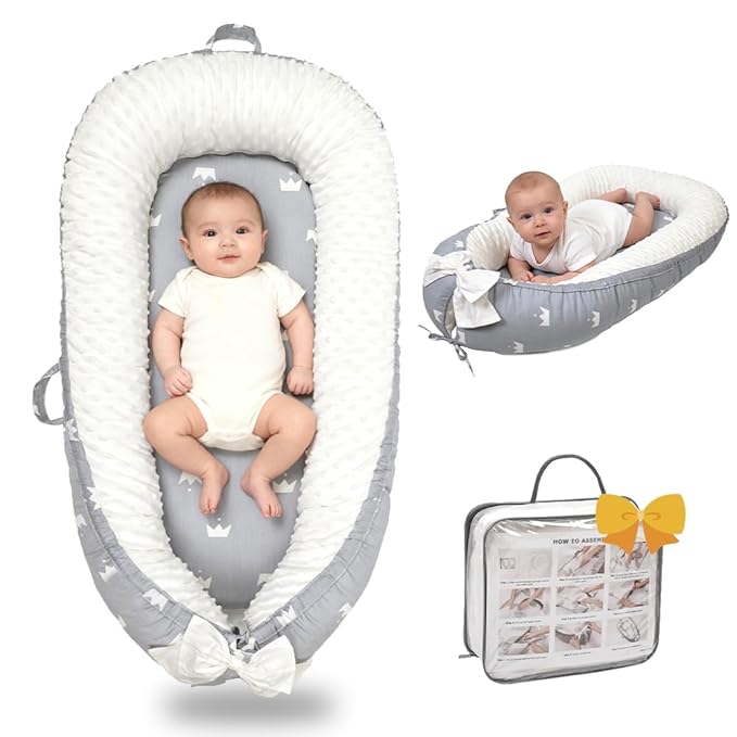Baby Lounger-Breathable and Soft Organic 100% Cotton, Portable Infant Lounger with Removable Lounger Cover, Baby Lounger for Newborn - Grey Crown
