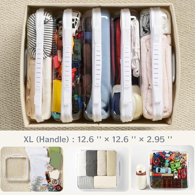 6-Pack Extra Large Clear Hard Shell Zipper Cases with Handles, Clear Zipper Storage Bags for Bulk Organization, Stackable Travel Organizer, Cosmetic Bags, Transparent Diaper Bag, Storage Cases(6XL)