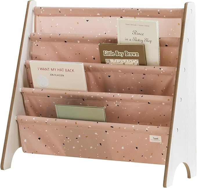 3 Sprouts Recycled Fabric Kids Bookshelf – 4-Tier Sling Book Rack Organizer - Nursery Room Playroom Classroom Wooden Book Shelves - Kid Bookcase Wood Storage Shelf for Toddler Age 3+ - Terrazzo Clay
