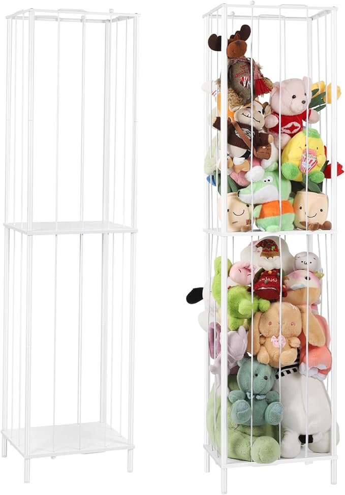 OYEAL Stuffed Animal Storage Holder Metal Toy Storage Organizer, 64'' Stuff Animal Organizer Plushies Storage with Elastic Rope for Playroom Bedroom Kid Room, White