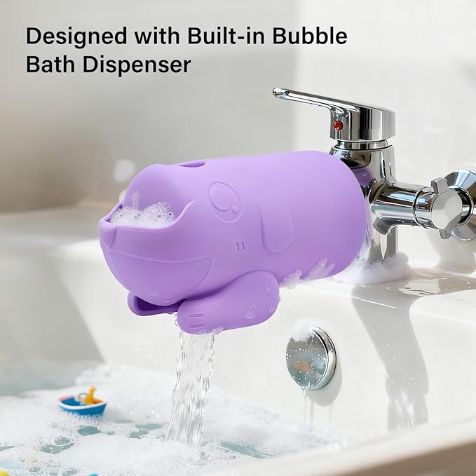 mandoo Faucet Extender for Toddlers, Bath Spout Cover for Baby, Bathtub Faucet Cover for Baby, Toddler Bath Silicone Shower Toys,Head Protector for Kids Safety.（Orange+Brush）