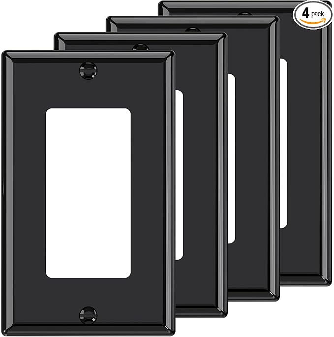 AIDA 1-Gang Decorative Receptacle Wall Plate,Standard Size Decorator Covers, Unbreakable Polycarbonate Faceplates for Decorator Device, UL Listed, Screws Included (4 Pack, Glossy Black)