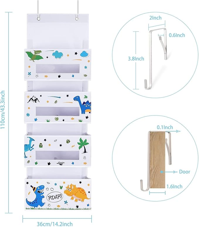 WERNNSAI Dinosaur Over Door Hanging Organizer - Behind Door Storage with 4 Clear Window Pockets for Baby Boys Room Organization Toy Diaper Closet Pantry Bedroom Bathroom Nursery Decor