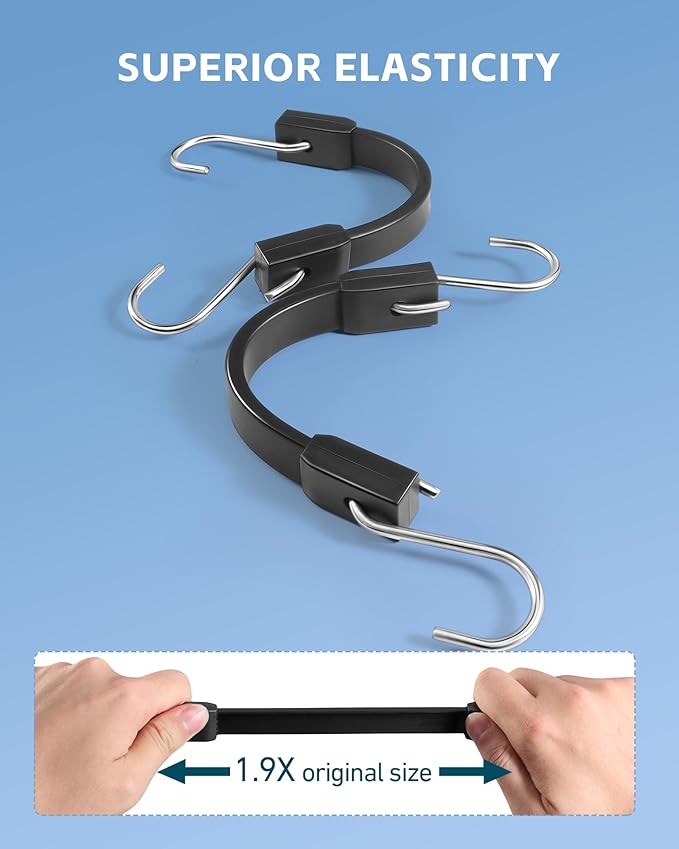 10 Inch Rubber Bungee Cords Heavy Duty Outdoor, Black Bungee Straps with Upgraded Hooks, Weatherproof Tarp Straps with 1.9X Max Stretch & 100% Rubber for Cargo, Van, Truck, Motorcycle, etc (11 Pcs)