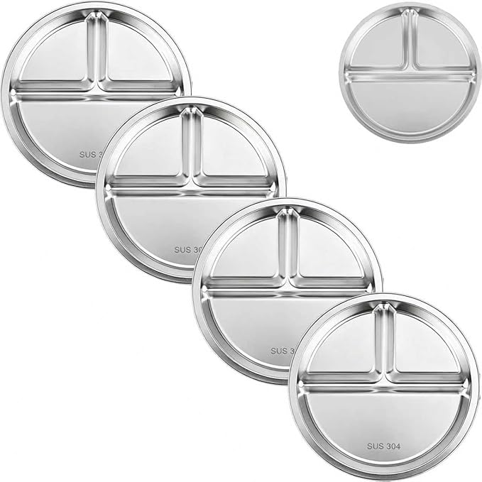 PandaEar 4 Pack Stainless Steel Divided Plates for Kids, 8.1” Portion Control Plates with 3 Compartments, Reusable Metal Dishes for Balanced Meals, Camping & Home Use (4, Silver)