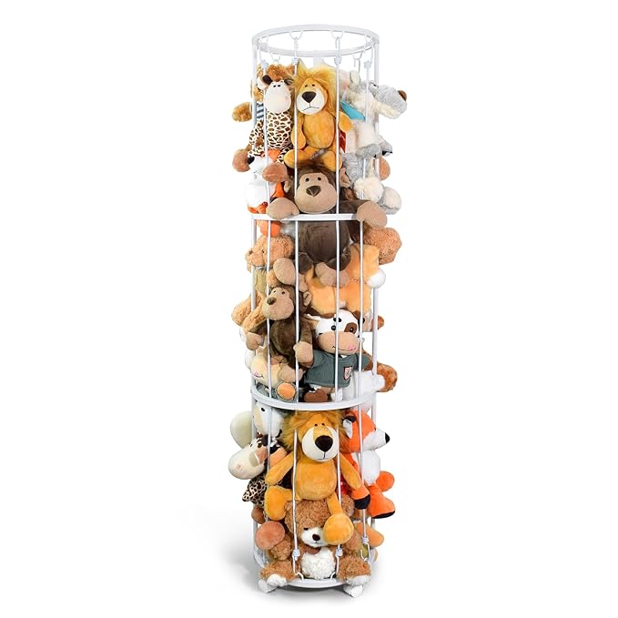 BENCHRY Stuffed Animal Storage Zoo, Metal Plushies Toy Storage Organizer, Tube Stuffed Animal Holder with Brake Wheels, Space Saving Plush Toy Holder for Playroom Bedroom Nursery (White)