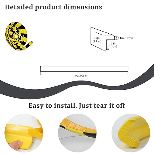 Wall Corner Protector 196.9in (5m), Heavy Duty Yellow & Black NBR Rubber Corner Guards, Self Adhesive Safety Bumper Padding for Warehouse Racks, Shelves, Garage & Equipment Protection