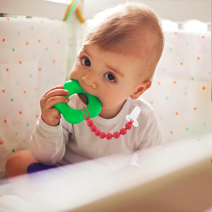 6-Pack Silicone Pacifier Clips for Babies, Safe Teething Beads, Rust-Free Holders, Baby Boy and Girl Essentials, Newborn Must-Have Accessories, BPA-Free (Pink)