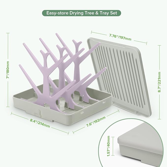 haakaa Portable Baby Bottle Drying Rack with Tray, Space Saving Bottle Drying Tree for Bottles/Pump Parts/Pacifiers,Easy-Store Dryer Rack Great for Home & Travel, BPA Free (Lavender)