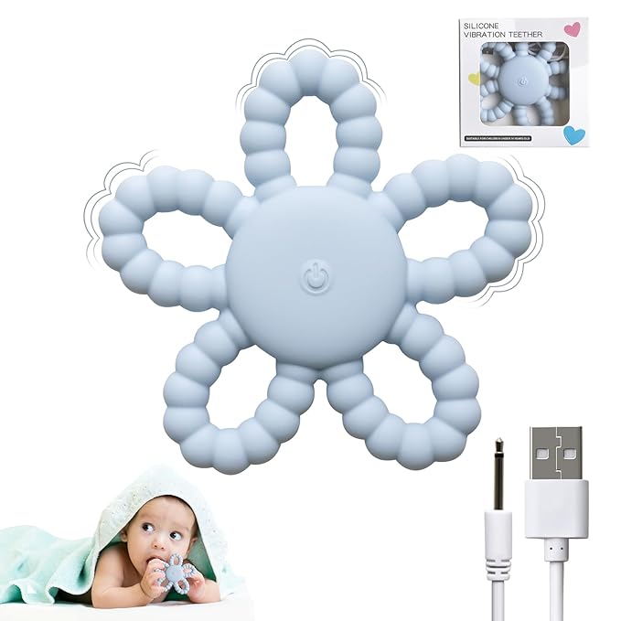 Vibrating Sensory Chew Toy, Vibrating Teether for Baby, Silicone Children Teething Toy for Babies 6-12 8-18 Month, USB Chargeable &3X Vibration Travel New Years Gift for Kid with Autism Toddler