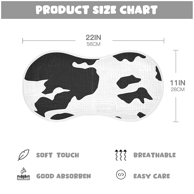 Muslin Baby Burp Cloths Set of 4, Soft Absorbent Animal Cow Print Muslin Washcloths, Bibs, Face Towel for Newborn Boys Girls, 22 x 11 Inch