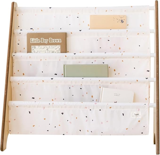 3 Sprouts Recycled Fabric Kids Bookshelf – 4-Tier Sling Book Rack Organizer - Nursery Room Playroom Classroom Wooden Book Shelves - Kid Bookcase Wood Storage Shelf for Toddler Age 3+ - Terrazzo Cream