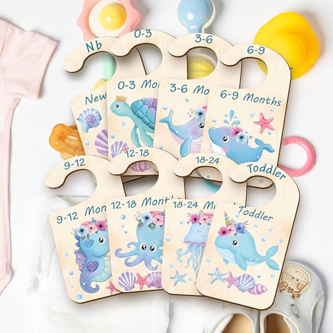 CRASPIRE 10Pcs Wood Baby Wardrobe Dividers Ocean Size Divider Closet Organizers Turtle Seahorse Clothes Whale Shell Nursery Decor from Newborn to 36 Month Hanger Baby Infant for Newborn Baby Shower
