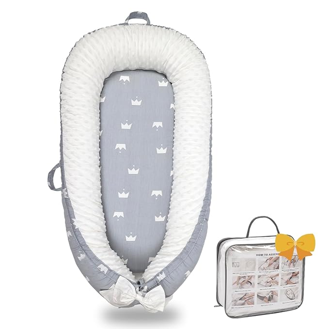 Baby Lounger-Breathable and Soft Organic 100% Cotton, Portable Infant Lounger with Removable Lounger Cover, Floor Lounger for Newborn - Grey Crown