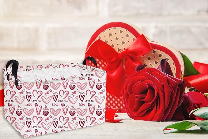Essme Rectangular Valentine's Day Baskets Girls Storage Box,Heart Storage Bins Organizer with Handles for Girls Room Decor,Gift Basket,Shelf Basket,(Love you)