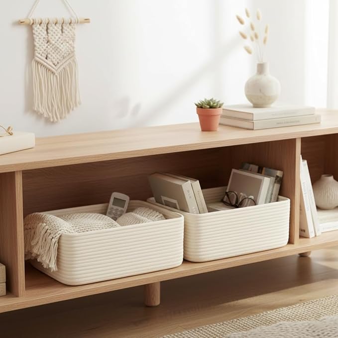 15"x11"x5.1" Storage Baskets for Shelves 2 Pack, White Basket for Organizing, Cloth Basket for Closet Organization, Shelves, Cotton Rope Basket for Storage, White