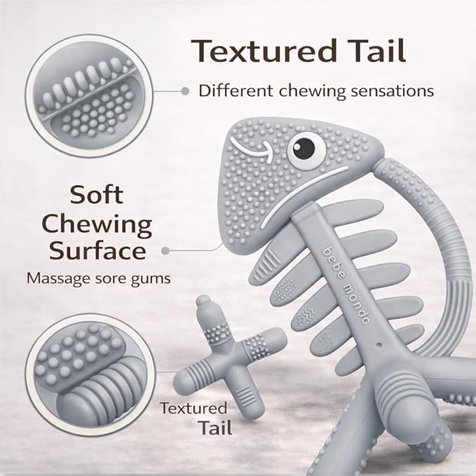 3 in 1 Infant Toys, Baby Teething Toys 3–6 6–12 Months, Teethers for Babies 0–3–6–12 Months for Teething Relief, Baby Gift, Baby Teether Toys, Silicone Sensory Toys, USA Patent Pending, Fish (Gray)