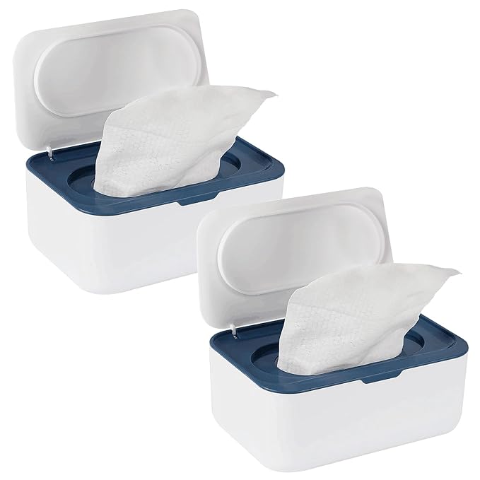 Flenpptly 2 Pack Baby Wipes Dispenser, Wipes Case Baby Wipe Holder Keeps Wipes Fresh, Non-Slip, Easy Open & Close (2 Pack Blue)