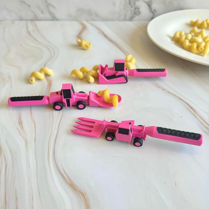 Constructive Eating Plate and Utensils Set - USA-Made Toddler Dinnerware with Divided Plates (Pink Construction)