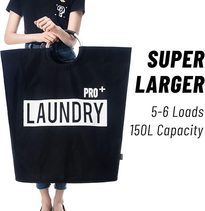 Caroeas Super Large 150L Laundry Basket Pro, Waterproof Laundry Hamper, Collapsible Laundry Basket Easy Storage, Clothes Hamper Stands Up Well, Laundry Bag with Padded Handles (Black)