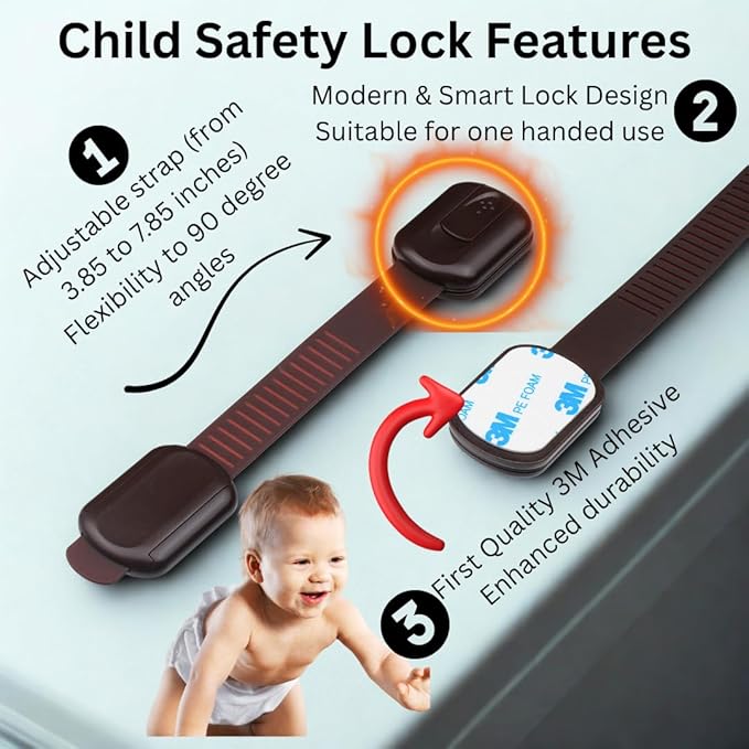 CUTESAFETY - Child Safety Cabinet Locks (4 Pack) – Adjustable Baby Proofing Strap Latches with Strong 3M Adhesive – No Drill Childproof Locks for Drawers, Cabinets, Fridge, Door, Closet, Brown
