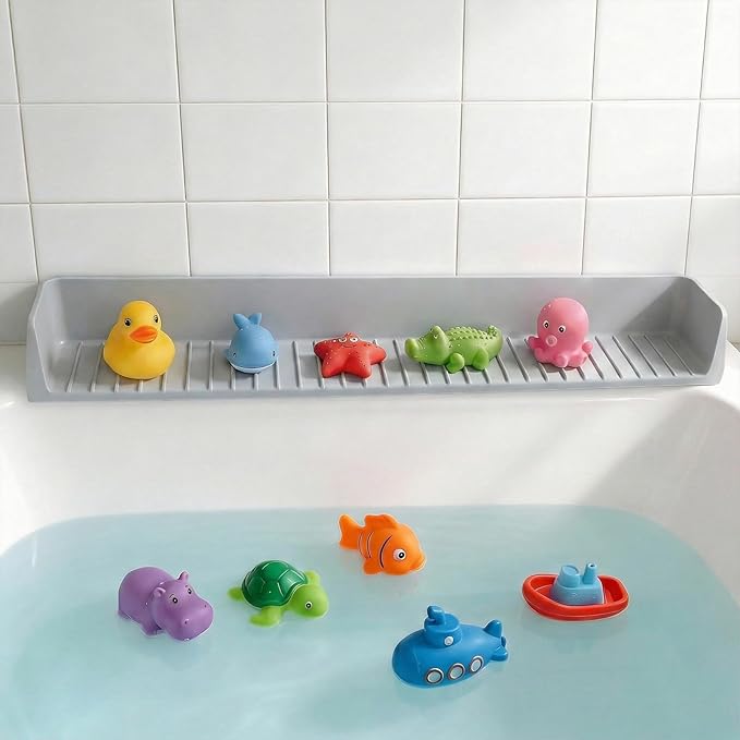 Bathtub Splash Guard for Kids - 31 Inch Silicone Tub Side Shelf with Strong Suction Cups, Toy Tray Holder to Prevent Water Spills, Keep Bathroom Dry (Gray)