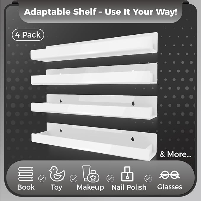 RORKIM 4 Pack 15 Inch Whtie Acrylic Shelves, Kids Floating Bookshelf for Kids Room, Modern Nail Polish Rack Sunglasses Essential Oil Picture Ledge Display Toy Storage Wall Shelf