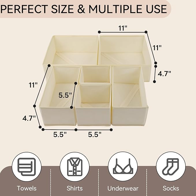 12 Pack Drawer Organizer Clothes Set,Foldable Fabric Closet Dresser Storage Dividers,Closet Organizer and Storage for Nursery,Underwear,Bra,Sock,Tie,Beige