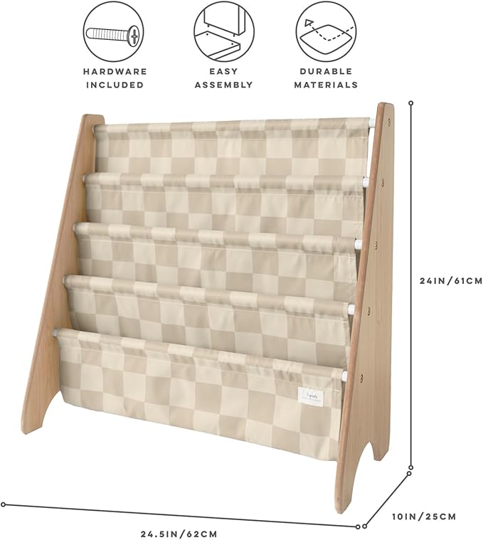 3 Sprouts Recycled Fabric Kids Bookshelf – 4-Tier Sling Book Rack Organizer - Nursery Room Playroom Classroom Wooden Book Shelves - Kid Bookcase Wood Storage Shelf for Toddler Age 3+ - Checkered Beige
