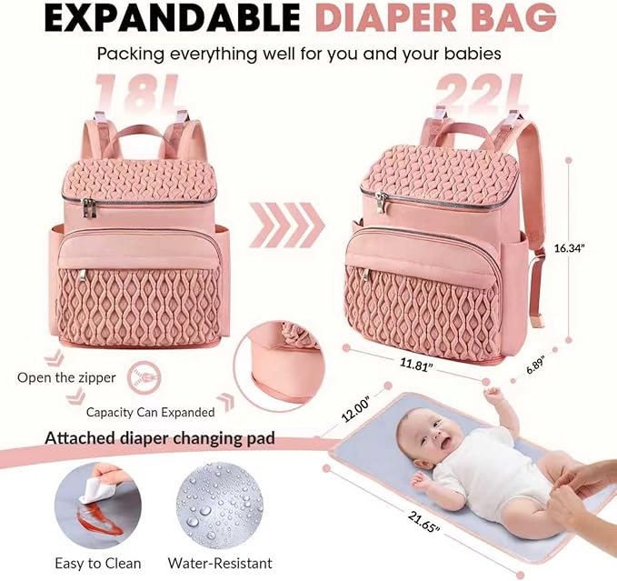 Diaper Bag Backpack, Large Baby Bag for Girl Boy, Travel Diaper Backpack with Insulated Pocket, Cute Diaper Bag Stroller Straps, Baby Shower & Registry Gift for Mom Dad Pink