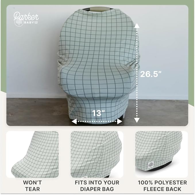 Parker Baby 4 in 1 Car Seat Cover for Girls and Boys - Stretchy Carseat Canopy, Nursing Cover, Grocery Cart Cover, High Chair Cover - “Sage/Pewter”