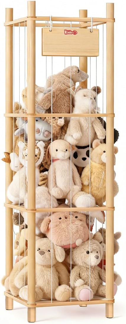 KiddoCood Kids CPC & TIC Certified Stuffed Animal Storage - 3-Tier Large Natural Solid Wood Plush Toy Organizer & Holder, Corner Solution for Playroom & Nursery, BPA-Free & Zero Glue