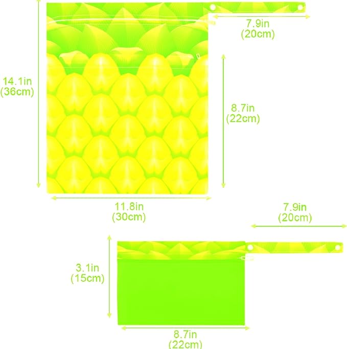 visesunny Tropical Pineapple 2Pcs Wet Bag with Zippered Pockets Washable Reusable Roomy for Travel,Beach,Pool,Daycare,Stroller,Diapers,Dirty Gym Clothes, Wet Swimsuits, Toiletries