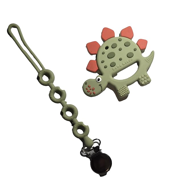 Dinosaur Teething Toys 3-6 Months with Pacifier Clip, Baby Teether 6-12 Months,Silicone Teethers, Soft-Textured Infant Toys for Teething Relief & Brain Development, Newborn Essentials-Olive